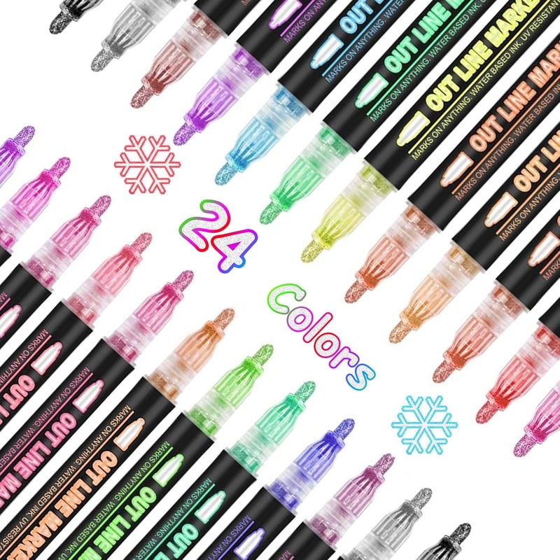 OUNIY Shimmer Markers Double Line Outline Markers, 24 Color Squiggles Set for Drawing, Art School Supplies, Cards Lettering, Gift for 4-12 Year Old Girl - Image 1